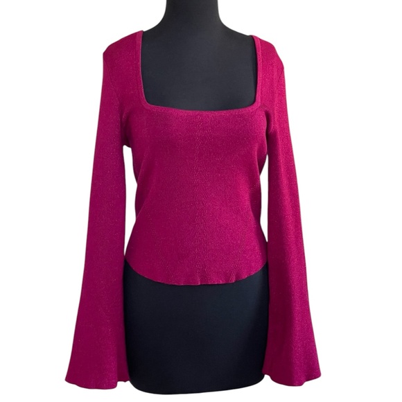 Maeve by Anthropologie Raspberry Pink Square Neck Sweater Sz M Long Bell Sleeves - Picture 1 of 13
